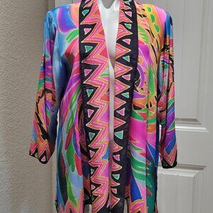 Dilemma Dhun Shroff Handpainted 100% Silk Open Front Long Sleeve Cardigan Collar